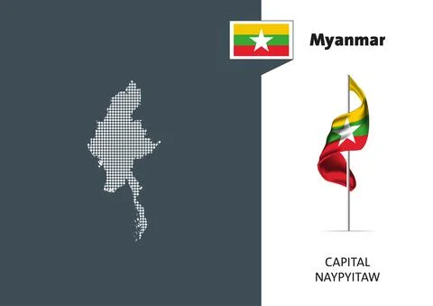 Flag of Myanmar on white background. Dotted map of Myanmar Stock Illustration