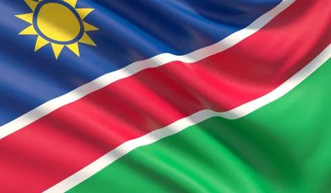 Flag of Namibia. Waved highly detailed fabric texture. 3D illustration. Illustrazione stock