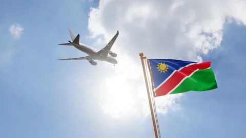 Flag of Namibia Waving with Airplane arriving or departing, Realistic Animation Video stock 138509504
