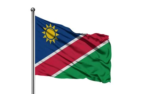 Flag of Namibia waving in the wind, isolated white background. Namibian flag. Stock Photos
