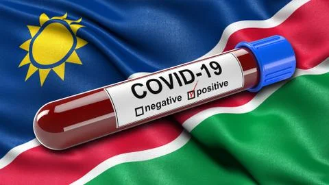 Flag of Namibia waving in the wind with a positive Covid-19 blood test tube. 스톡 일러스트