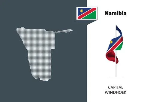 Flag of Namibia on white background. Dotted map of Namibia with Capital name Stock Illustration