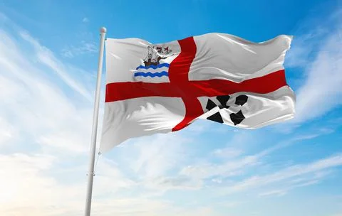 Flag of Nanaimo , Canada at cloudy sky background on sunset, panoramic view.  Stock Illustration