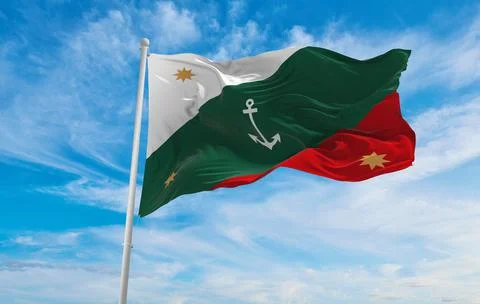 Flag of Naval Jack , Mexico at cloudy sky background on sunset, panoramic vie Stock Illustration