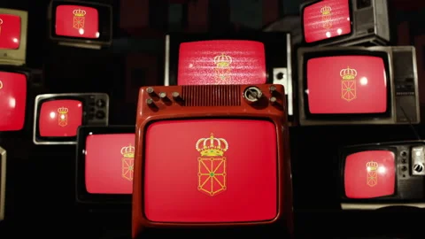Flag of Navarre, autonomous community and province in northern Spain, and TVs. Stock Footage 148382134