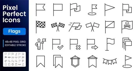 Flag, navigation line icons set. Racing flags, goal achievement, pirate skull Stock Illustration