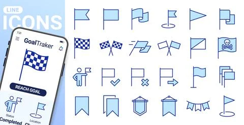 Flag, navigation line icons set. Racing flags, goal achievement, pirate skull Illustrazione stock