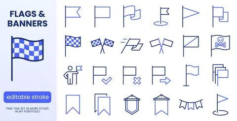 Flag, navigation line icons set. Racing flags, goal achievement, pirate skull Illustrazione stock