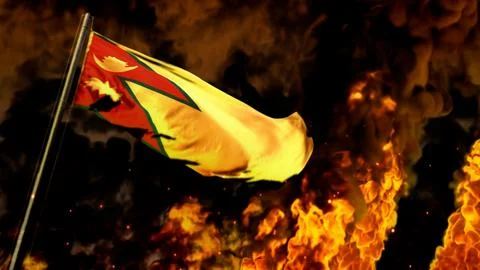 Flag of Nepal on burning fire bg - hard times concept - abstract 3D rendering Illustrazione stock