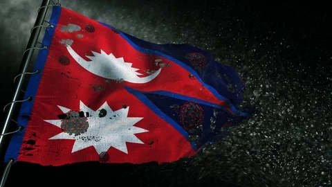The flag of Nepal is torn and marked with the virus of covid-19 . Stockbeeldmateriaal 127198543