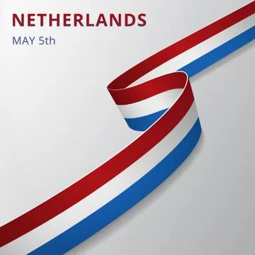 Flag of Netherlands. 5th of May. Vector illustration. Wavy ribbon on gray bac Stock Illustration