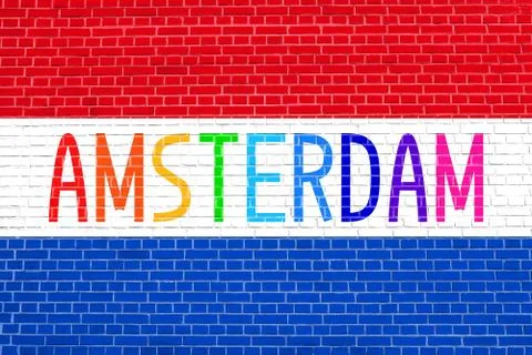 Flag of the Netherlands on brick wall texture background. 스톡 일러스트