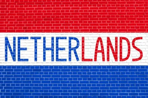 Flag of the Netherlands on brick wall texture background. Word Netherlands. Illustrazione stock