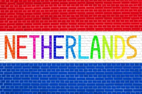 Flag of the Netherlands on brick wall texture background. Stock Illustration