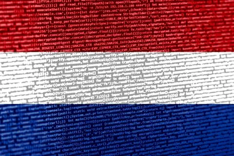 Flag of the Netherlands over digital code. Concept of cybersecurity, innova.. Stock Photos