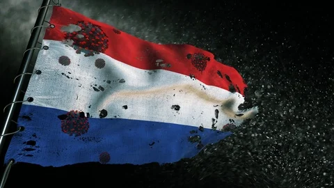 The flag of Netherlands is torn and marked with the virus of covid-19 . Stockbeeldmateriaal 127198619