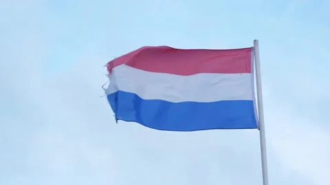 Flag of the Netherlands waving in wind on blue sky background Stock Footage 206815626