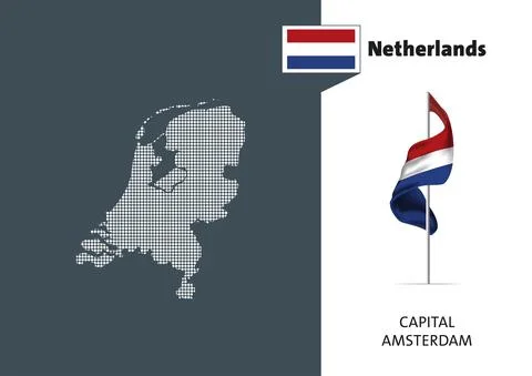 Flag of Netherlands on white background. Dotted map of Netherlands Stock Illustration