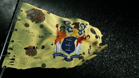 The flag of New Jersey is torn and marked with the virus of covid-19 . Stockbeeldmateriaal 127198688