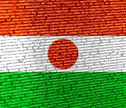 Flag of Niger over digital code. Concept of cybersecurity, innovation, and .. Illustration