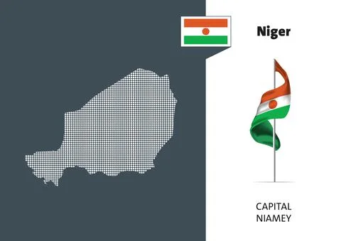 Flag of Niger on white background. Dotted map of Niger with Capital name Stock Illustration