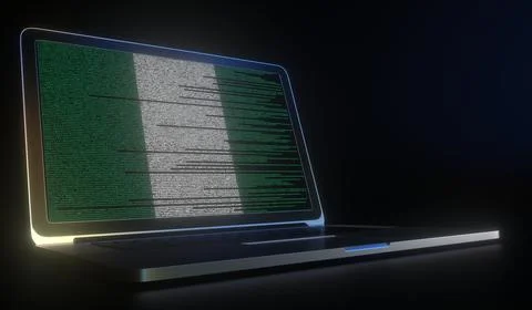 Flag of Nigeria made with computer code on the laptop screen. Hacking or 스톡 일러스트
