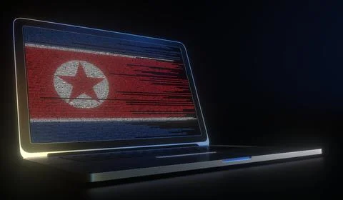 Flag of North Korea made with computer code on the laptop screen. Hacking or 库存插图