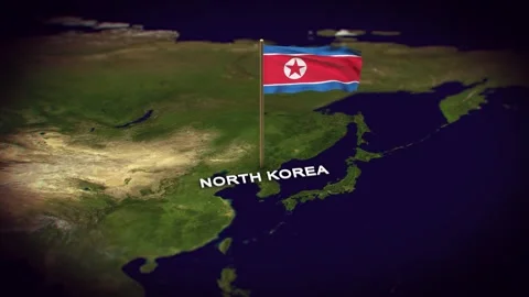 The Flag of North Korea on the World Map, North Korea map with flag 3d animation Stock Footage 289642346