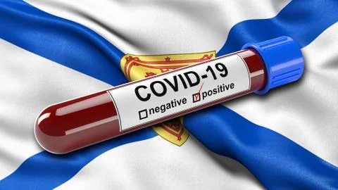 Flag of Nova Scotia waving in the wind with a positive Covid-19 blood test tu Stock Illustration
