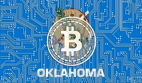 Flag of Oklahoma state of USA and bitcoin, Integrated Circuit Board pattern.  イラスト素材