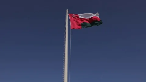 The flag of Oman develops on a flagpole . Flag against the blue sky Stock Footage 111841729