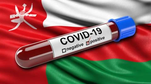 Flag of Oman waving in the wind with a positive Covid-19 blood test tube. 3D イラスト素材