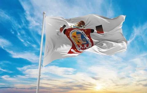 Flag of O'odham , Mexico at cloudy sky background on sunset, panoramic view.  Stock Illustration