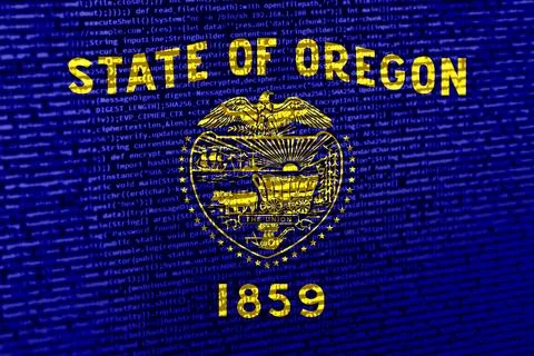 Flag of Oregon over digital code. Concept of cybersecurity, innovation, and.. Illustration