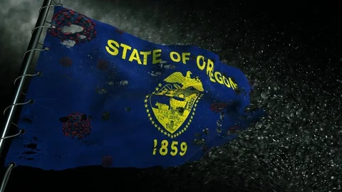 The flag of Oregon is torn and marked with the virus of covid-19 . Stock-Footage 127198942