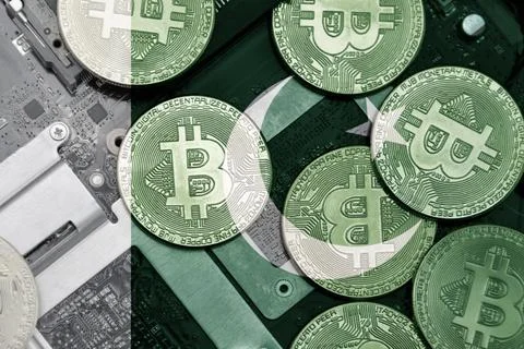 Flag of pakistan on the bitcoins with computer electronic circuit board backg Stock Photos
