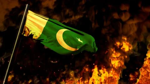Flag of Pakistan on burning fire background - hard times concept イラスト素材