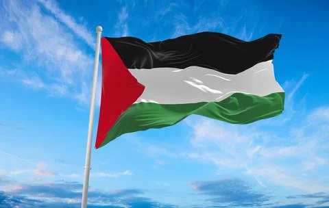Flag of palestine waving in the wind on flagpole against the sky with clouds  Stock Illustration