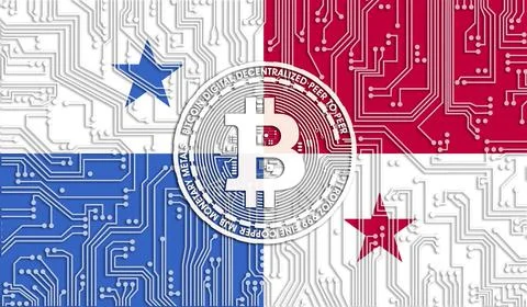 Flag of Panama and bitcoin, Integrated Circuit Board pattern. Bitcoin Stock G Illustrazione stock