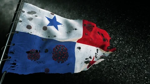 The flag of Panama is torn and marked with the virus of covid-19 . Stockbeeldmateriaal 127199105