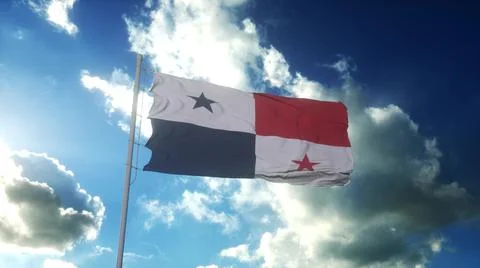 Flag of Panama waving at wind against beautiful blue sky. 3d rendering Stock Illustration