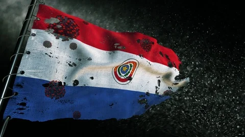 The flag of Paraguay is torn and marked with the virus of covid-19 . Stockbeeldmateriaal 127199111