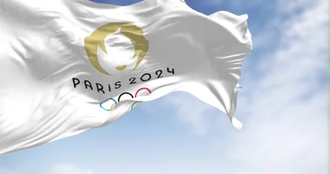 Flag of Paris 2024 Olympics Games waving in the wind on a clear day 库存影片 246746258