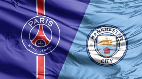 A flag with Paris Saint German vs Manchester City match of champions league. Stock Footage 152354357