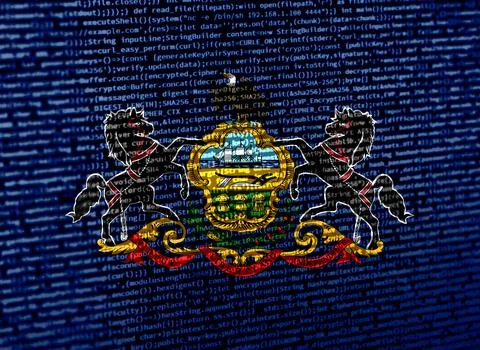 Flag of Pennsylvania over digital code. Concept of cybersecurity, innovatio.. Illustration