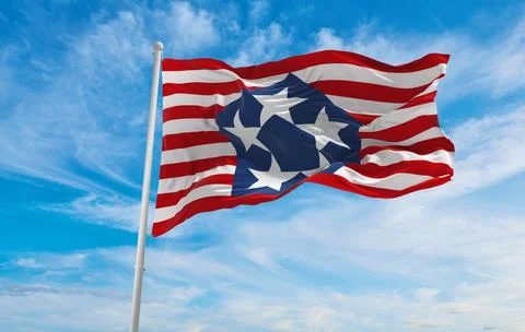 Flag of Pentagon at cloudy sky background on sunset, panoramic view. copy spa Stock Illustration