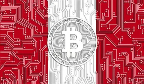 Flag of Peru and bitcoin, Integrated Circuit Board pattern. Bitcoin Stock Gro Stockillustratie