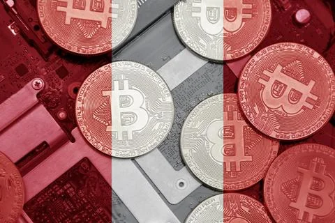 Flag of peru on the bitcoins with computer electronic circuit board backgroun Stock Photos
