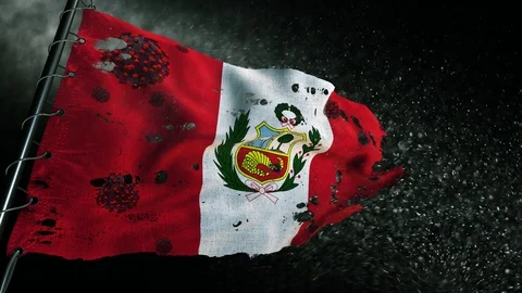 The flag of Peru is torn and marked with the virus of covid-19 . Stockbeeldmateriaal 127199117