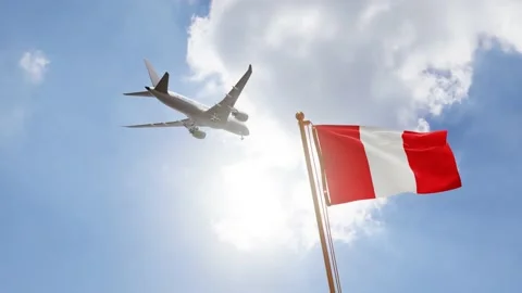 Flag of Peru Waving with Airplane arriving or departing, Realistic Animation Stock Footage 138509341